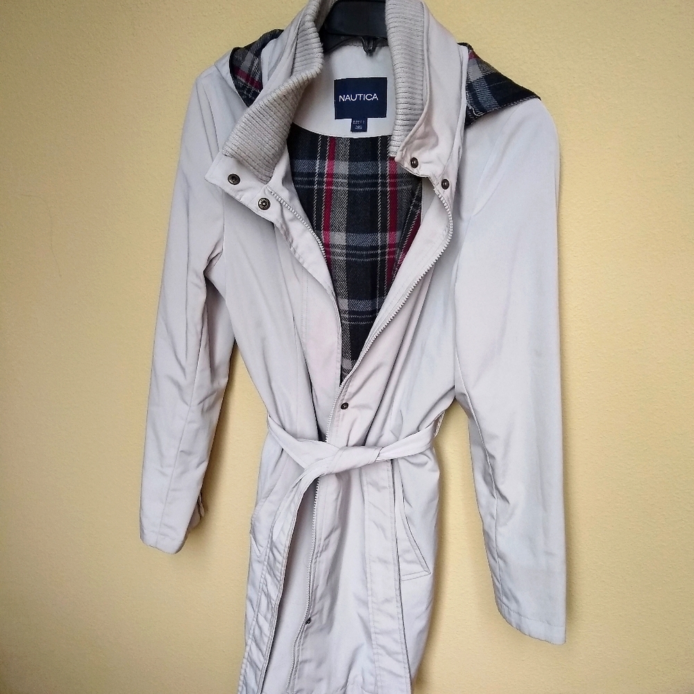 Nautica Cream Trench Coat with Plaid Lining